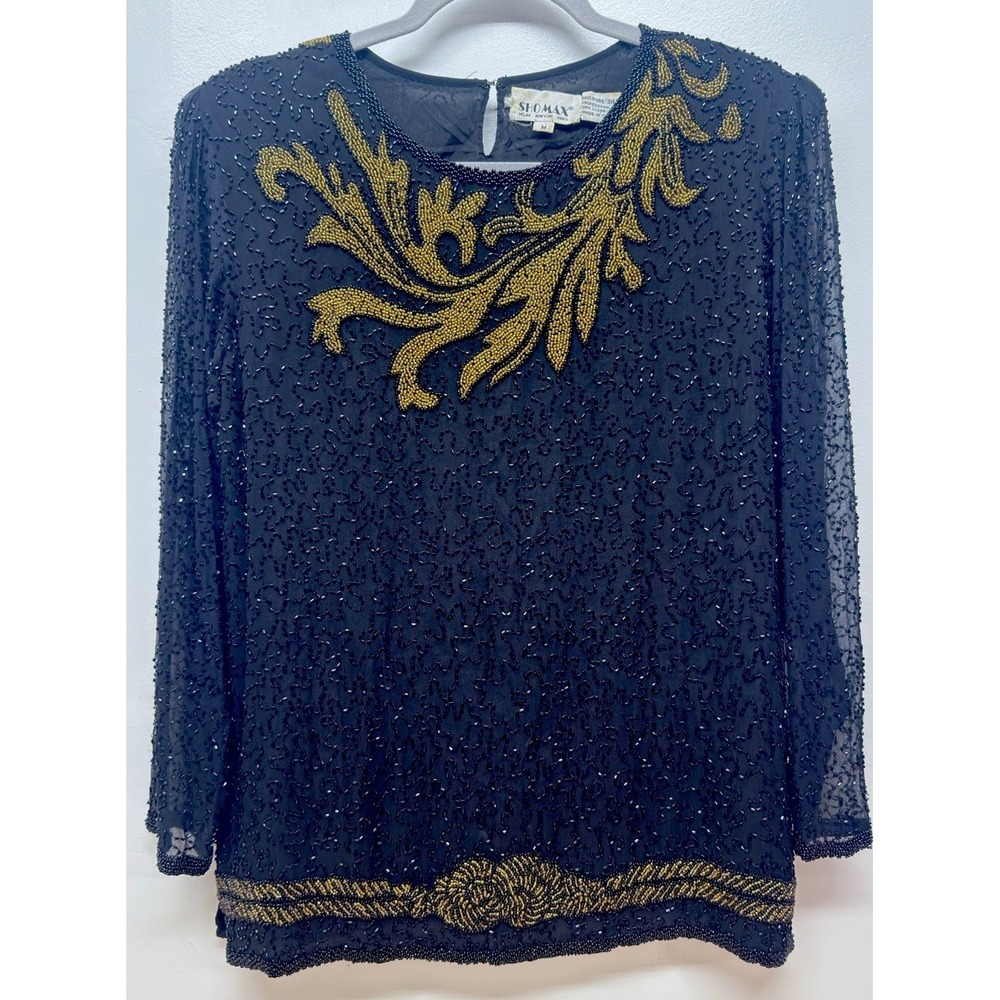 SHOMAX Women's Top Sequined Silk Black Vintage Cocktail Retro Beaded Size‎ M #52